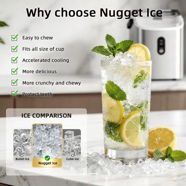 Alt view image 4 of 7 - Nugget Countertop Ice Maker with Soft Chewable Ice | Fast Making Ice 35Lbs/24H, Pebble Portable Ice Makers, Self-Cleaning, for Kitchen,Office Stainless Steel Silver