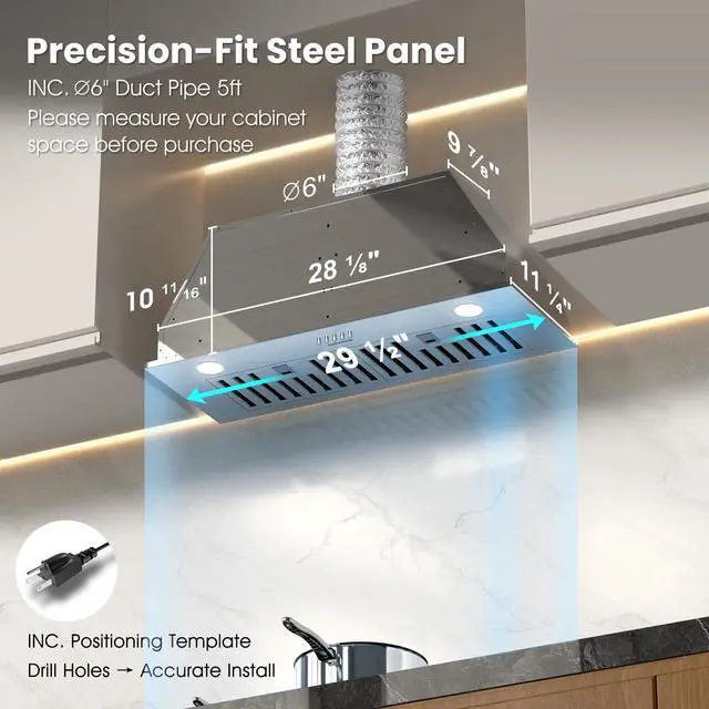 Alt view image 3 of 7 - Range Hood 30 inch Insert - 620CFM | TRUE-COLOR 5500K LED, Complete Exhaust Kit (Charcoal Filters + Duct Pipe), Ducted/Ductless Convertible