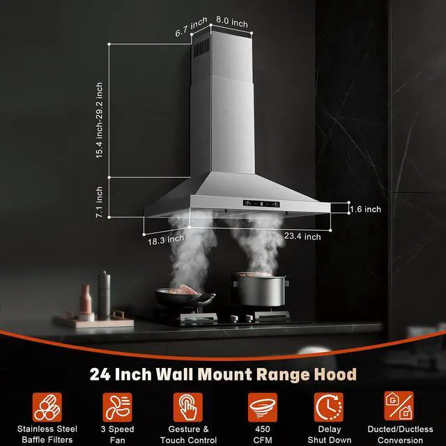Alt view image 2 of 7 - 24 inch Range Hood, Ducted/Ductless Range Hood 450CFM, Wall Mount | Kitchen Hood in Stainless Steel, Gesture Sensing & Touch Control, 3 Speed Fan, 2 Pcs Baffle Filters
