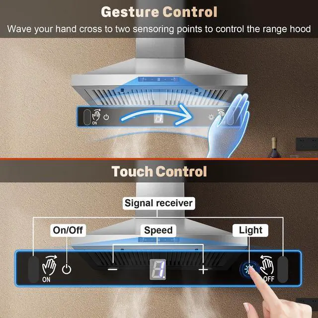 Alt view image 3 of 7 - 24 inch Range Hood, Ducted/Ductless Range Hood 450CFM, Wall Mount | Kitchen Hood in Stainless Steel, Gesture Sensing & Touch Control, 3 Speed Fan, 2 Pcs Baffle Filters