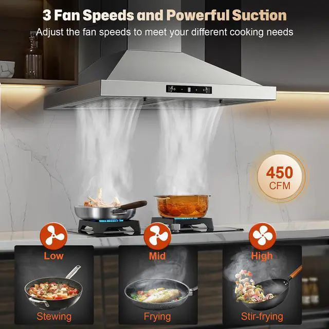 Alt view image 4 of 7 - 24 inch Range Hood, Ducted/Ductless Range Hood 450CFM, Wall Mount | Kitchen Hood in Stainless Steel, Gesture Sensing & Touch Control, 3 Speed Fan, 2 Pcs Baffle Filters