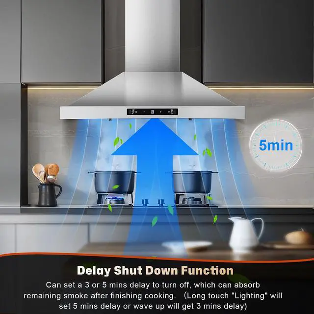 Alt view image 5 of 7 - 24 inch Range Hood, Ducted/Ductless Range Hood 450CFM, Wall Mount | Kitchen Hood in Stainless Steel, Gesture Sensing & Touch Control, 3 Speed Fan, 2 Pcs Baffle Filters
