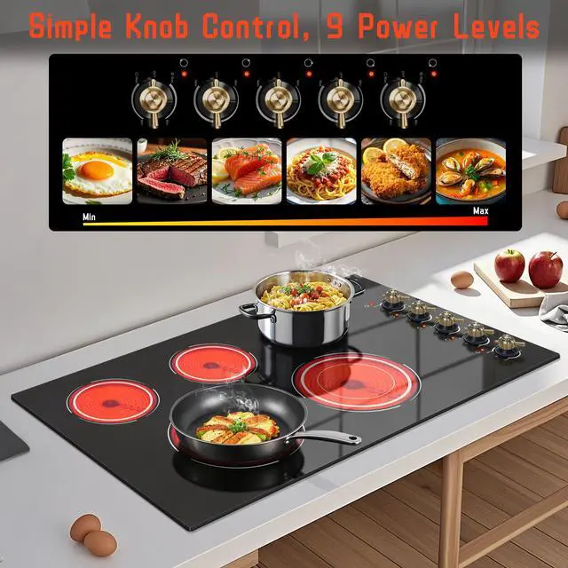 Alt view image 3 of 7 - Electric Cooktop 34.25 Inch(Cut-out Size: 34.25"x19.3") - 5 Burner Electric Stove Top with 8400W, 36 Inches Built-in Ceramic Stove, Overheat Indicator, Knob Control, 220V - 240V Hard Wired