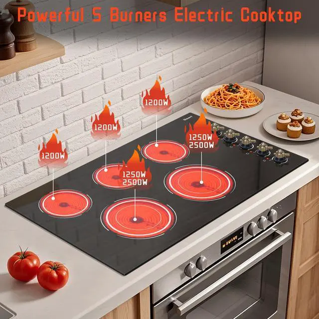 Alt view image 5 of 7 - Electric Cooktop 34.25 Inch(Cut-out Size: 34.25"x19.3") - 5 Burner Electric Stove Top with 8400W, 36 Inches Built-in Ceramic Stove, Overheat Indicator, Knob Control, 220V - 240V Hard Wired