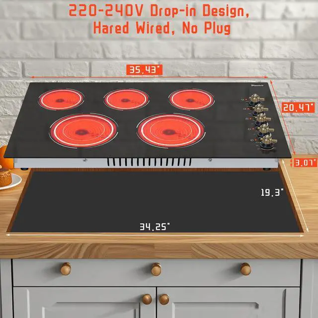 Alt view image 7 of 7 - Electric Cooktop 34.25 Inch(Cut-out Size: 34.25"x19.3") - 5 Burner Electric Stove Top with 8400W, 36 Inches Built-in Ceramic Stove, Overheat Indicator, Knob Control, 220V - 240V Hard Wired