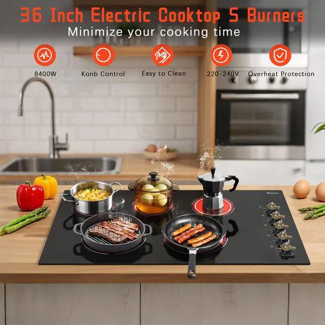 Alt view image 4 of 7 - Electric Cooktop 34.25 Inch(Cut-out Size: 34.25"x19.3") - 5 Burner Electric Stove Top with 8400W, 36 Inches Built-in Ceramic Stove, Overheat Indicator, Knob Control, 220V - 240V Hard Wired