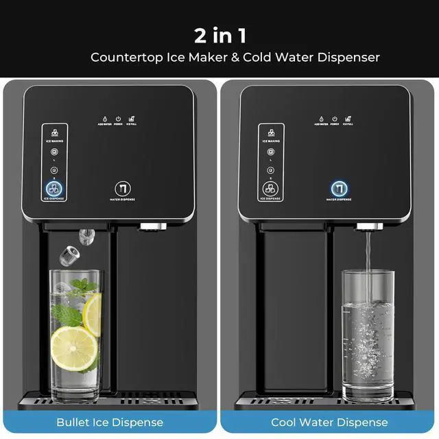 Alt view image 2 of 7 - Countertop Ice Maker, Ice Cubes & Cold Water Dispenser | 3.5L Removable Tank, 2 Sizes, 9 Bullet Ice in 8 Mins, 26lbs Daily Ice Production, Self-Cleaning, Home Office Dorm RV Use