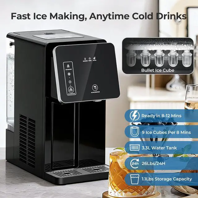 Alt view image 3 of 7 - Countertop Ice Maker, Ice Cubes & Cold Water Dispenser | 3.5L Removable Tank, 2 Sizes, 9 Bullet Ice in 8 Mins, 26lbs Daily Ice Production, Self-Cleaning, Home Office Dorm RV Use