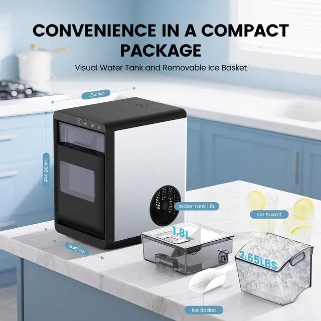 Alt view image 7 of 7 - Nugget Ice Maker Countertop, Chewable Pellet Ice Machine with Handle, 44lbs Per Day Portable Ice Makers, Auto-Cleaning Ice Machine with Basket and Scoop for Home/Party/RV/Camping (Silver)