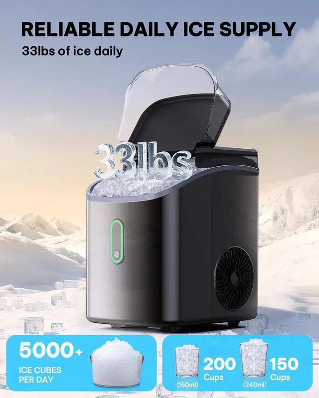 Alt view image 4 of 7 - Nugget Ice Makers Countertop with Soft Chewable Ice, Portable Ice Machine with Crushed Ice, One-Click Operation Pebble Ice Maker with Self-Cleaning, 33lbs/24H for Home,Kitchen,Office