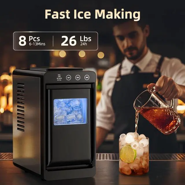 Alt view image 3 of 6 - Countertop Portable Ice Maker, 8 Cubes in 6 Mins Fast Ice Making, 26Lbs Ice Per Day Auto Self-Cleaning Ice Machine with Ice Basket & Scoop, Compact Mini Ice Maker for Home Kitchen Office Bar RV Travel
