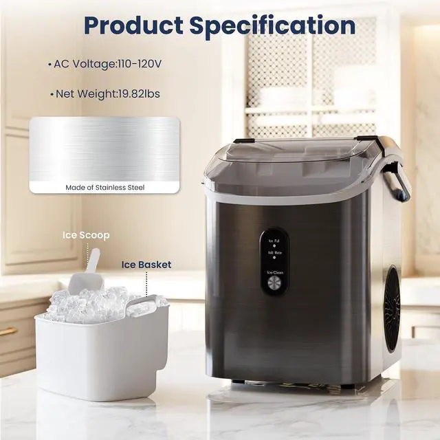 Alt view image 5 of 7 - Nugget Ice Makers Countertop with Auto-Cleaning, 35lbs/Day, Portable Sonic Ice Machine with Handle, Basket and Scoop for Home/Kitchen/Office/Camping(Stainless Steel Black)
