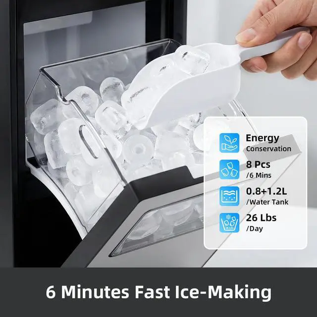Alt view image 3 of 7 - Ice Maker, Portable Ice Machine with Self-Cleaning Function, 8 Cubes in 6 Mins Fast Countertop Ice Making, Compact Ice Cube Maker for Home, Kitchen, RV, Travel, Stainless Steel
