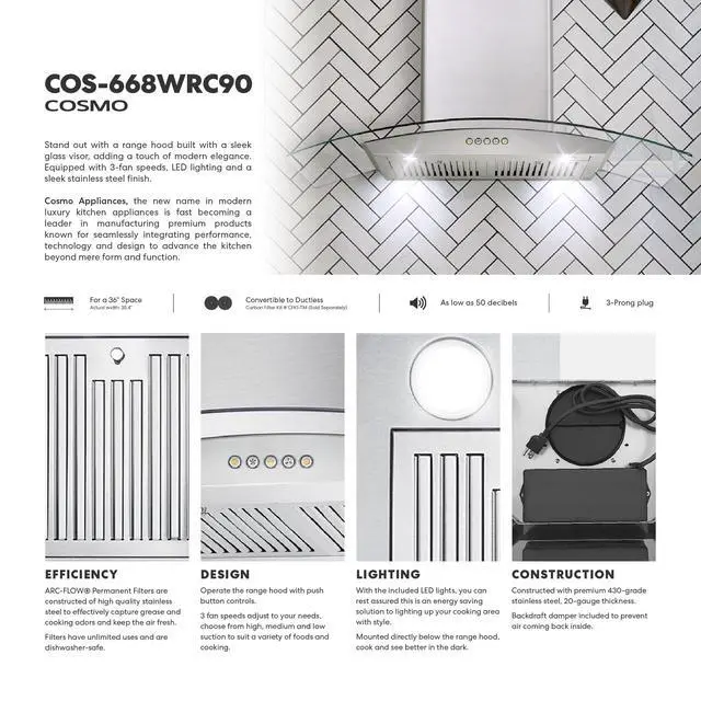 Alt view image 6 of 7 - 36 in. Vista Coll 380 CFM Ducted Wall Mount Range Hood LED, Stainless Steel | COS-668WRC90 Push Button Controls, 3 Fan Speeds, Glass Visor, Permanent Dishwasher-Safe Baffle Filters
