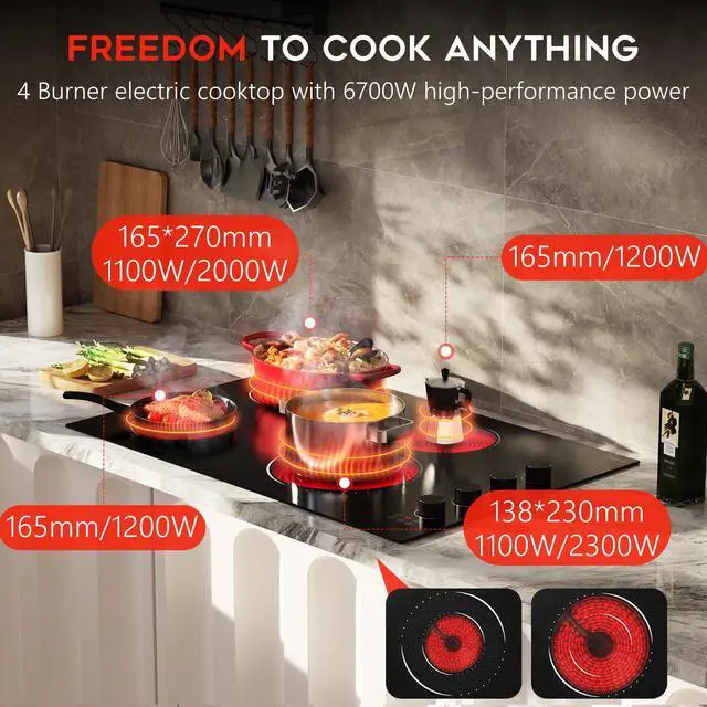 Alt view image 2 of 7 - Hobsir 30 Inch Electric Cooktop, 4 Burner 6700W Dual Ring & Oval Burner | Black Knob & Touch Control, 9 Heat Levels, Timer, Safety Lock, Residual Heat Warning for Convenient and Secure Cooking, 220V