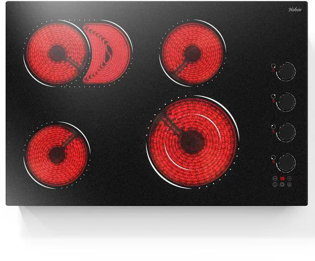 Main image of Hobsir 30 Inch Electric Cooktop, 4 Burner 6700W Dual Ring & Oval Burner | Black Knob & Touch Control, 9 Heat Levels, Timer, Safety Lock, Residual Heat Warning for Convenient and Secure Cooking, 220V