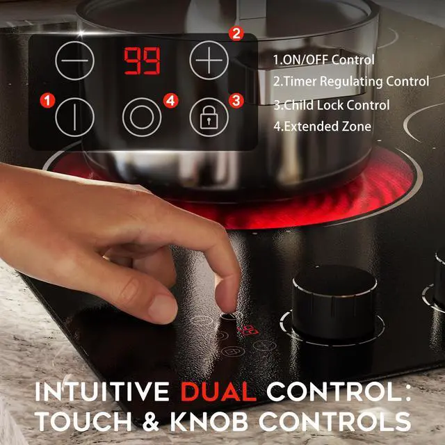 Alt view image 3 of 7 - Hobsir 30 Inch Electric Cooktop, 4 Burner 6700W Dual Ring & Oval Burner | Black Knob & Touch Control, 9 Heat Levels, Timer, Safety Lock, Residual Heat Warning for Convenient and Secure Cooking, 220V