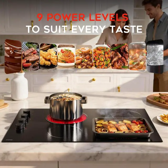 Alt view image 5 of 7 - Hobsir 30 Inch Electric Cooktop, 4 Burner 6700W Dual Ring & Oval Burner | Black Knob & Touch Control, 9 Heat Levels, Timer, Safety Lock, Residual Heat Warning for Convenient and Secure Cooking, 220V