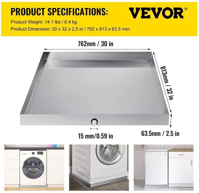 Alt view image 7 of 7 - 32 x 30 x 2.5 Inch Washing Machine Pan 18 GA Thickness 304 Stainless Steel Heavy Duty Compact Washer Drip Tray with Drain Hole & Hose Adapter