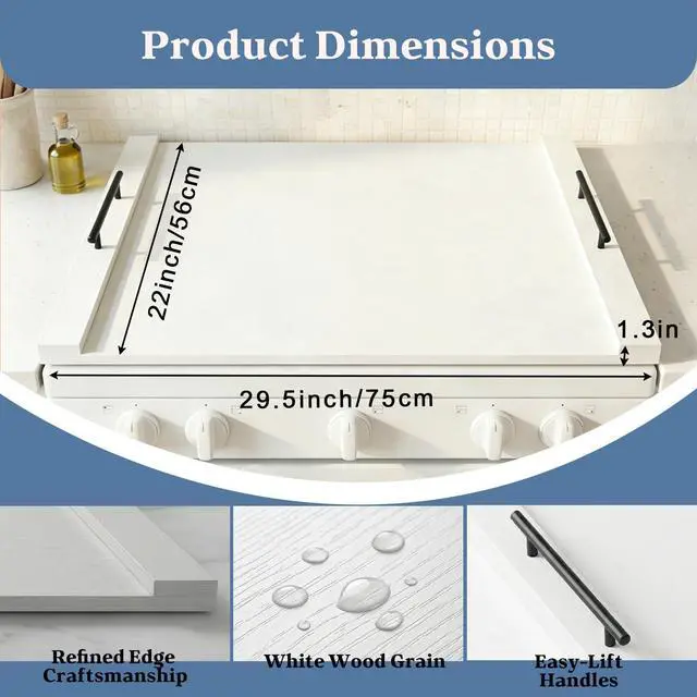 Alt view image 2 of 6 - White Stove Top Cover for Gas & Electric Range | 30"x22" Farmhouse Noodle Board with Handles | RV Kitchen Workspace Saver