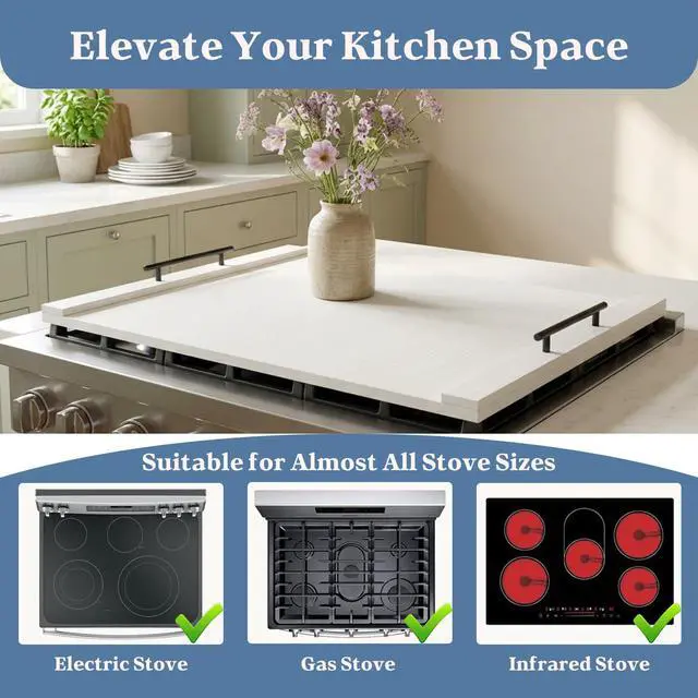 Alt view image 3 of 6 - White Stove Top Cover for Gas & Electric Range | 30"x22" Farmhouse Noodle Board with Handles | RV Kitchen Workspace Saver