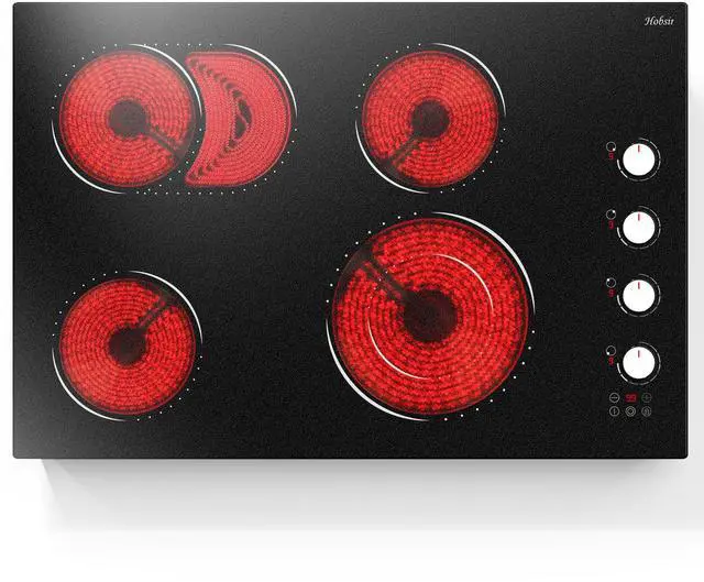 Main image of Hobsir 30 Inch Electric Cooktop, 4 Burner 6700W Dual Ring & Oval Burner | White Knob & Touch Control, 9 Heat Levels, Timer, Safety Lock, Residual Heat Warning for Convenient and Secure Cooking, 220V