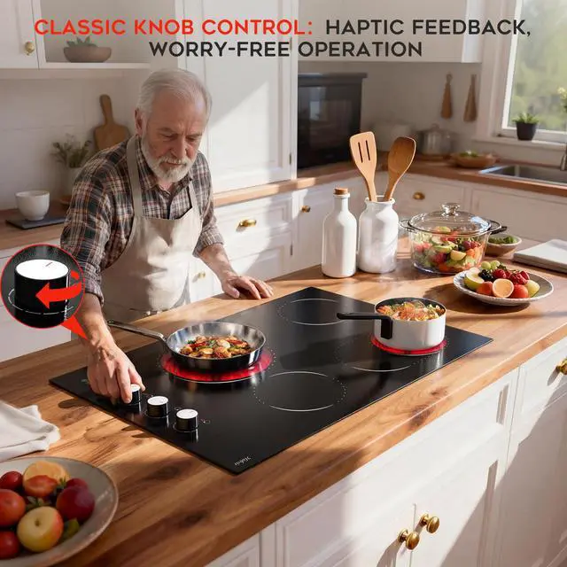 Alt view image 4 of 7 - Hobsir 30 Inch Electric Cooktop, 4 Burner 6700W Dual Ring & Oval Burner | White Knob & Touch Control, 9 Heat Levels, Timer, Safety Lock, Residual Heat Warning for Convenient and Secure Cooking, 220V
