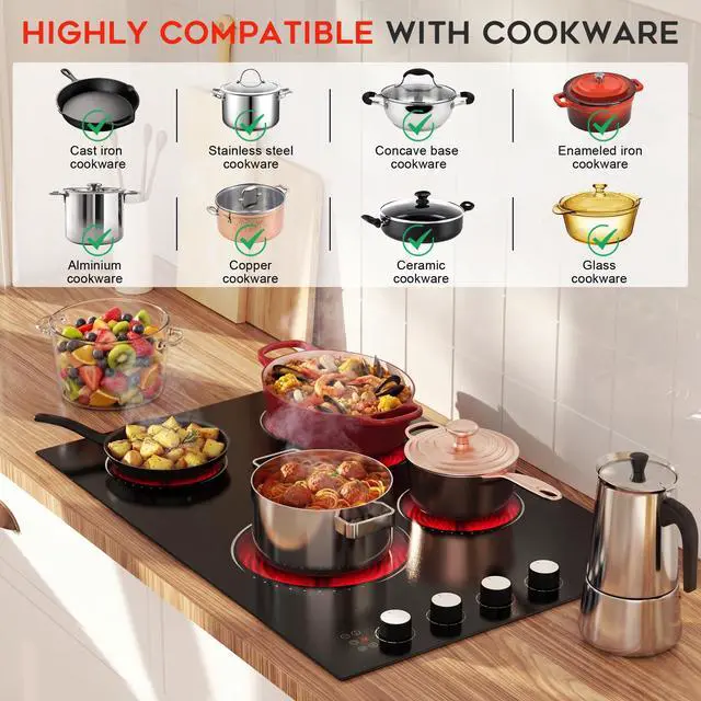 Alt view image 6 of 7 - Hobsir 30 Inch Electric Cooktop, 4 Burner 6700W Dual Ring & Oval Burner | White Knob & Touch Control, 9 Heat Levels, Timer, Safety Lock, Residual Heat Warning for Convenient and Secure Cooking, 220V
