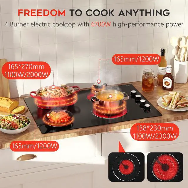 Alt view image 2 of 7 - Hobsir 30 Inch Electric Cooktop, 4 Burner 6700W Dual Ring & Oval Burner | White Knob & Touch Control, 9 Heat Levels, Timer, Safety Lock, Residual Heat Warning for Convenient and Secure Cooking, 220V