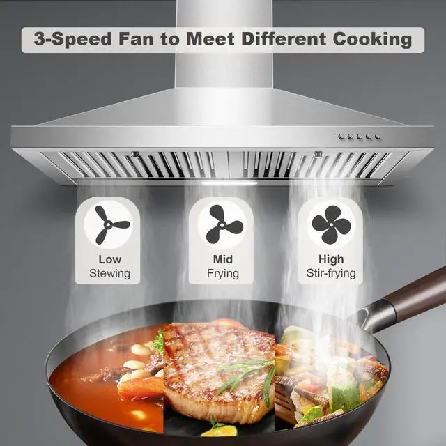 Alt view image 3 of 7 - Range Hood 30 inch, Wall Mount Range Hood Ducted/Ductless, Kitchen Hood in Stainless Steel, Vent Hood with Baffle Filters, 3 Speed Fan, Push Button Control, Energy-Saving LED Light