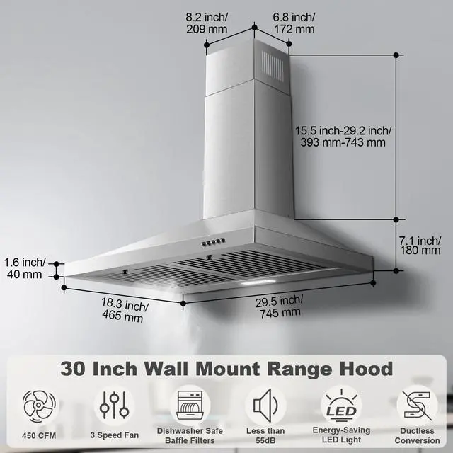 Alt view image 2 of 7 - Range Hood 30 inch, Wall Mount Range Hood Ducted/Ductless, Kitchen Hood in Stainless Steel, Vent Hood with Baffle Filters, 3 Speed Fan, Push Button Control, Energy-Saving LED Light