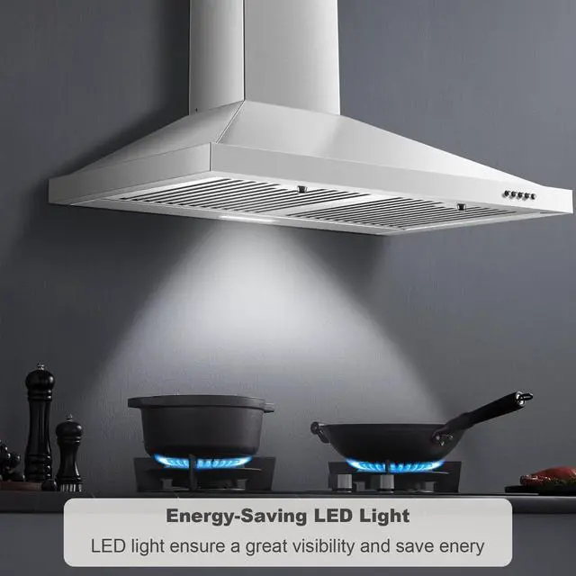 Alt view image 4 of 7 - Range Hood 30 inch, Wall Mount Range Hood Ducted/Ductless, Kitchen Hood in Stainless Steel, Vent Hood with Baffle Filters, 3 Speed Fan, Push Button Control, Energy-Saving LED Light