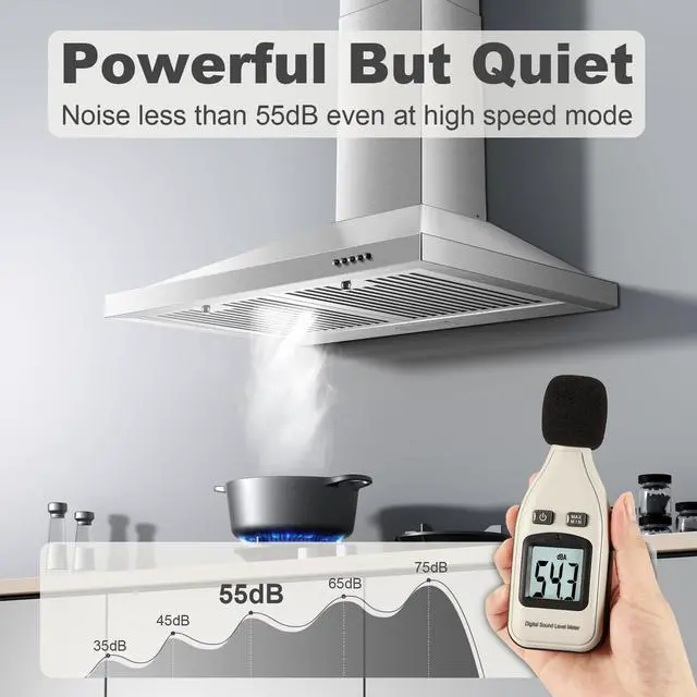 Alt view image 5 of 7 - Range Hood 30 inch, Wall Mount Range Hood Ducted/Ductless, Kitchen Hood in Stainless Steel, Vent Hood with Baffle Filters, 3 Speed Fan, Push Button Control, Energy-Saving LED Light