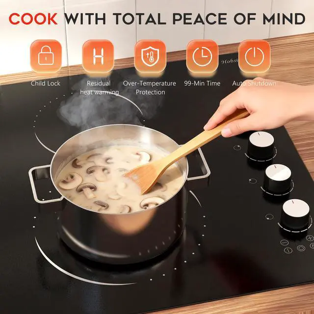Alt view image 7 of 7 - Hobsir 30 Inch Electric Cooktop, 4 Burner 6700W Dual Ring & Oval Burner | White Knob & Touch Control, 9 Heat Levels, Timer, Safety Lock, Residual Heat Warning for Convenient and Secure Cooking, 220V