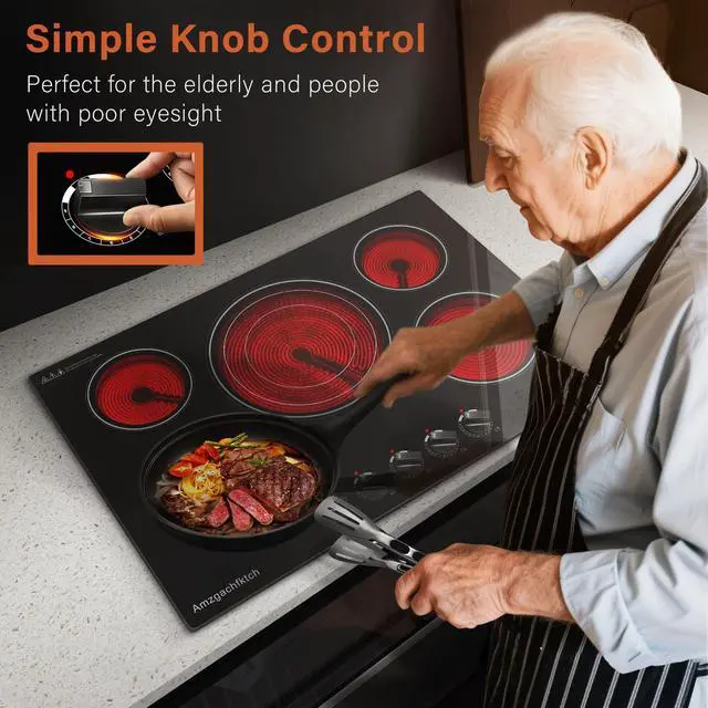 Alt view image 2 of 7 - 30 Inch Built-in Electric Cooktop with Expandable Triple Ring Burners, 5 Burner 9000W Ceramic Stove Top - Easy Knob Controls & Residual Heat Indicator (220-240V Hardwired)