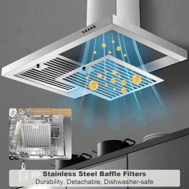 Alt view image 6 of 7 - Range Hood 30 inch, Wall Mount Range Hood Ducted/Ductless, Kitchen Hood in Stainless Steel, Vent Hood with Baffle Filters, 3 Speed Fan, Push Button Control, Energy-Saving LED Light