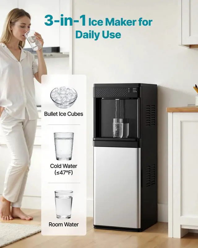 Alt view image 2 of 7 - Water Dispenser with Ice Maker, 3-in-1 Floor-Standing Water Dispenser, 33 LBS/24H, 9 Cubes/7 Min Fast Ice Making with 1.3 LBS Storage, Bullet Ice-Cubes & Cold-Water, for Home, Kitchen, Party