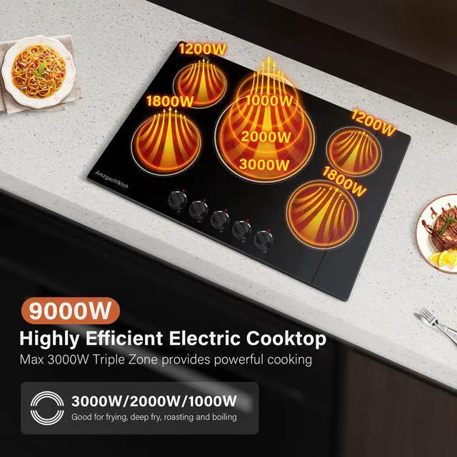 Alt view image 3 of 7 - 30 Inch Built-in Electric Cooktop with Expandable Triple Ring Burners, 5 Burner 9000W Ceramic Stove Top - Easy Knob Controls & Residual Heat Indicator (220-240V Hardwired)