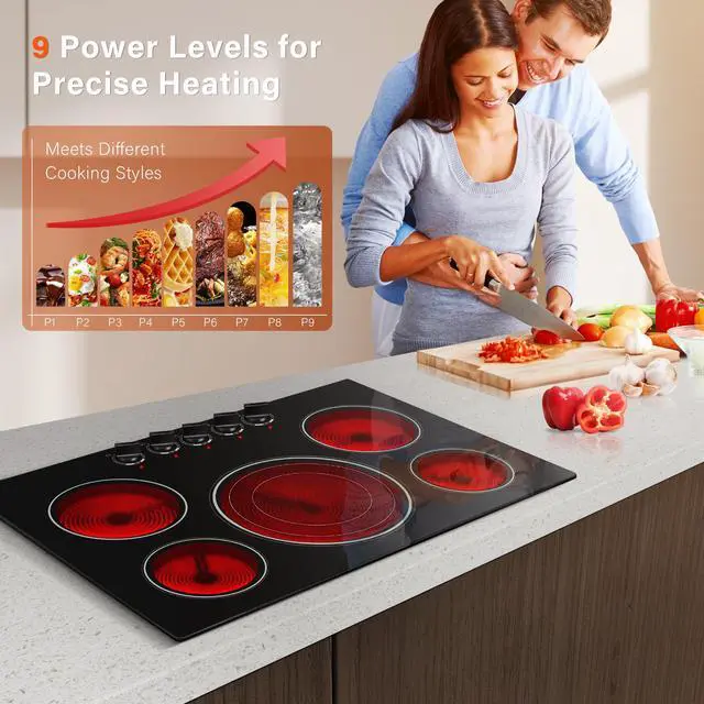 Alt view image 4 of 7 - 30 Inch Built-in Electric Cooktop with Expandable Triple Ring Burners, 5 Burner 9000W Ceramic Stove Top - Easy Knob Controls & Residual Heat Indicator (220-240V Hardwired)
