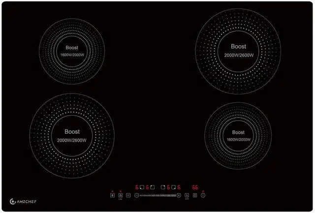Main image of 30" Built-in Induction Cooktop, 9 Levels, 240V, No Plug, 7200W | 4 burners (2x1600W, 2x2000W). Child safety lock, auto shut-off, overflow protection. Scratch-resistant glass