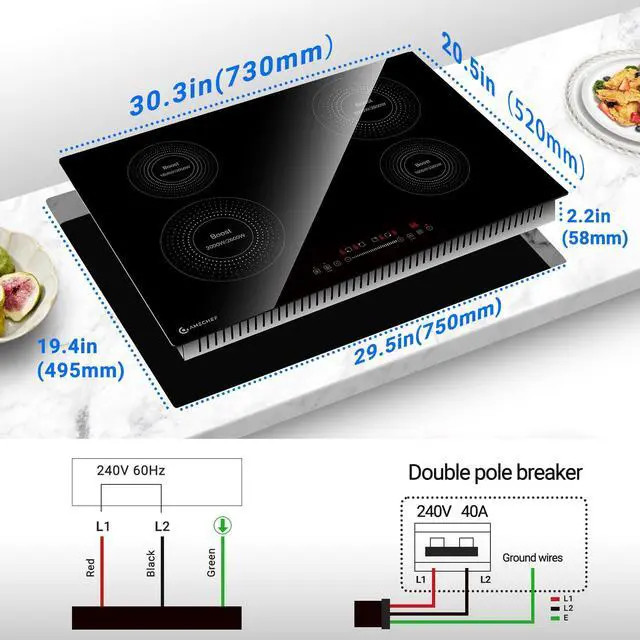 Alt view image 2 of 7 - 30" Built-in Induction Cooktop, 9 Levels, 240V, No Plug, 7200W | 4 burners (2x1600W, 2x2000W). Child safety lock, auto shut-off, overflow protection. Scratch-resistant glass
