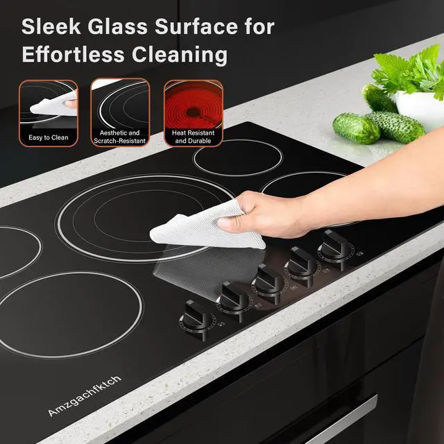 Alt view image 5 of 7 - 30 Inch Built-in Electric Cooktop with Expandable Triple Ring Burners, 5 Burner 9000W Ceramic Stove Top - Easy Knob Controls & Residual Heat Indicator (220-240V Hardwired)