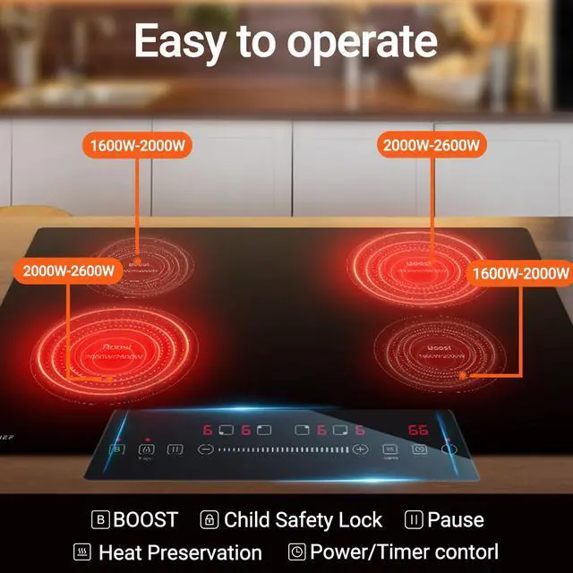Alt view image 4 of 7 - 30" Built-in Induction Cooktop, 9 Levels, 240V, No Plug, 7200W | 4 burners (2x1600W, 2x2000W). Child safety lock, auto shut-off, overflow protection. Scratch-resistant glass