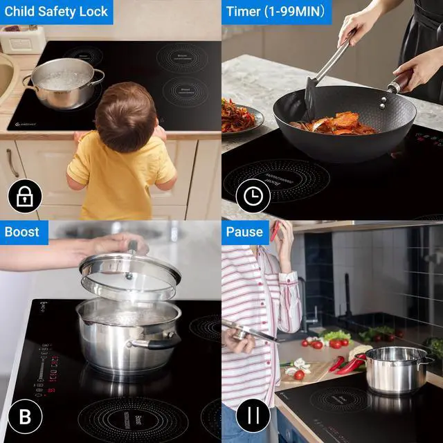 Alt view image 5 of 7 - 30" Built-in Induction Cooktop, 9 Levels, 240V, No Plug, 7200W | 4 burners (2x1600W, 2x2000W). Child safety lock, auto shut-off, overflow protection. Scratch-resistant glass