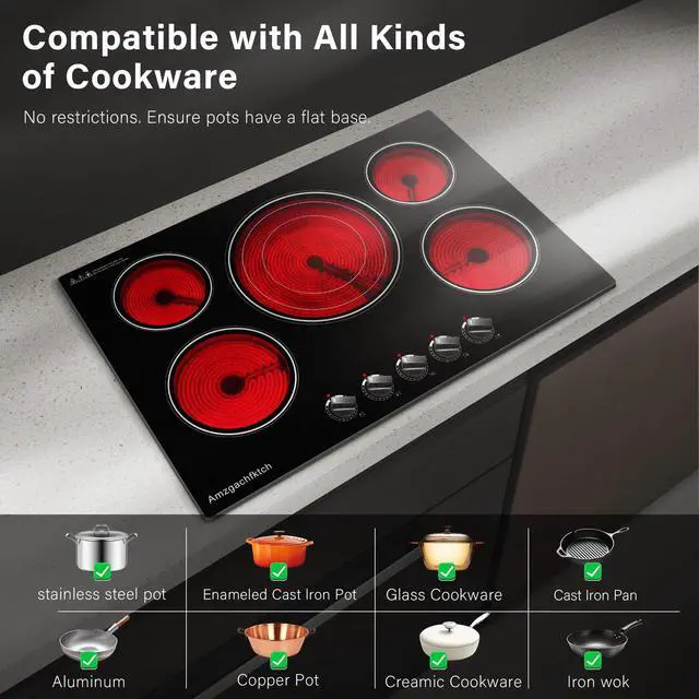 Alt view image 7 of 7 - 30 Inch Built-in Electric Cooktop with Expandable Triple Ring Burners, 5 Burner 9000W Ceramic Stove Top - Easy Knob Controls & Residual Heat Indicator (220-240V Hardwired)