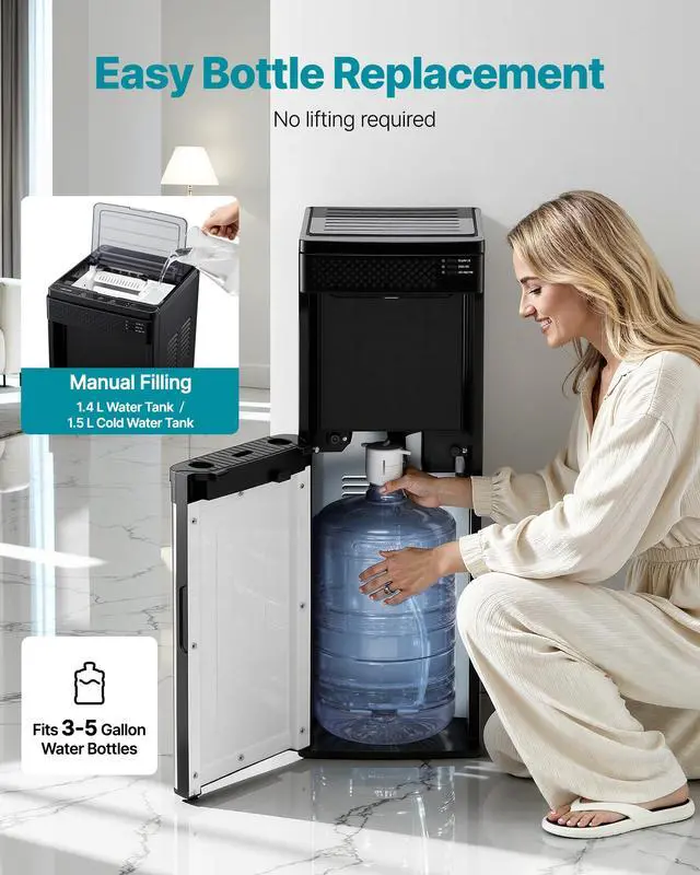 Alt view image 5 of 7 - Water Dispenser with Ice Maker, 3-in-1 Floor-Standing Water Dispenser, 33 LBS/24H, 9 Cubes/7 Min Fast Ice Making with 1.3 LBS Storage, Bullet Ice-Cubes & Cold-Water, for Home, Kitchen, Party