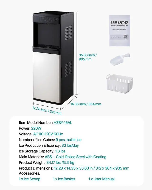 Alt view image 7 of 7 - Water Dispenser with Ice Maker, 3-in-1 Floor-Standing Water Dispenser, 33 LBS/24H, 9 Cubes/7 Min Fast Ice Making with 1.3 LBS Storage, Bullet Ice-Cubes & Cold-Water, for Home, Kitchen, Party