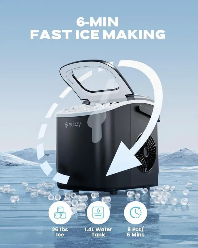 Alt view image 2 of 7 - Ice Makers Countertop, 9 Ice Cubes Ready in 6 Mins, Portable Ice Machine with Carry Handle, 26lbs/24Hrs, Auto-Cleaning Ice Maker with Basket and Scoop, for Home/Kitchen/Camping/RV