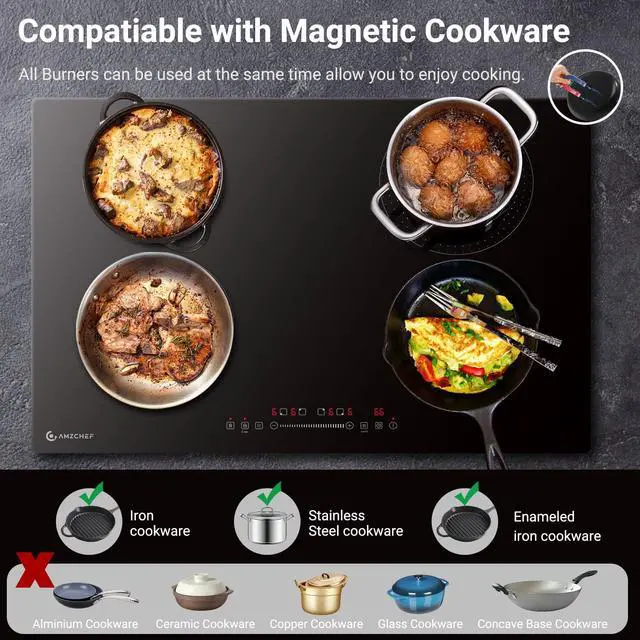 Alt view image 6 of 7 - 30" Built-in Induction Cooktop, 9 Levels, 240V, No Plug, 7200W | 4 burners (2x1600W, 2x2000W). Child safety lock, auto shut-off, overflow protection. Scratch-resistant glass
