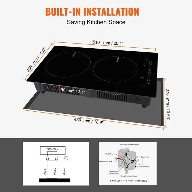 Alt view image 6 of 7 - Electric Cooktop, 2 Burners, 12'' Induction Stove Top, Built-in Magnetic Cooktop 1800W, 9 Heating Level Multifunctional Burner, LED Touch Screen w/Child Lock & Over-Temperature Protection